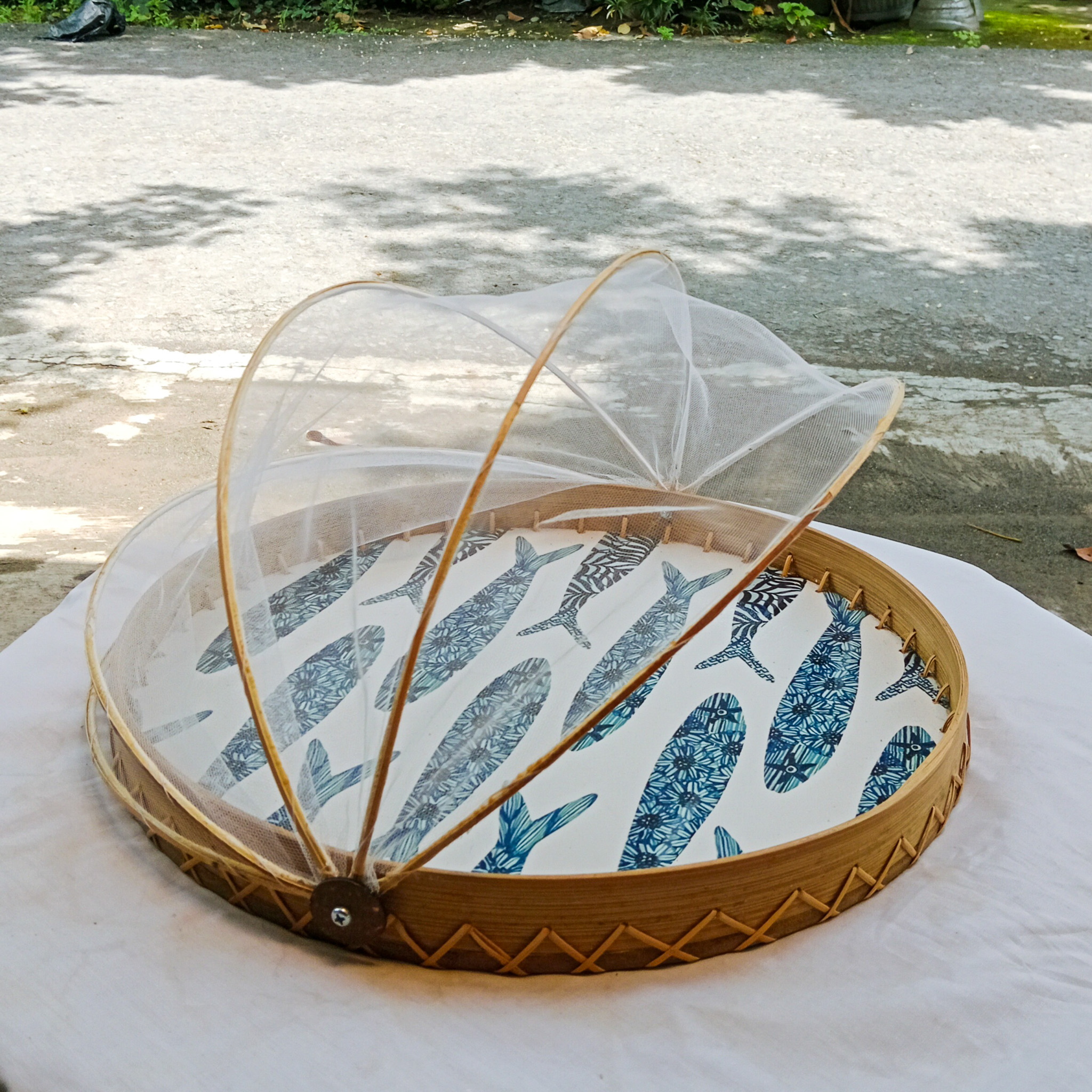 SET 2 Batik Fish  Bamboo Round Cakestand + Foodcover - M : Dia 30 x Ht | S : Dia 25 x Ht